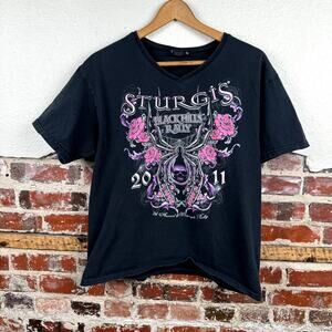 Vintage Sturgis Shirt Large Black Short Sleeve Wings Roses Motorcycle Rally 2011